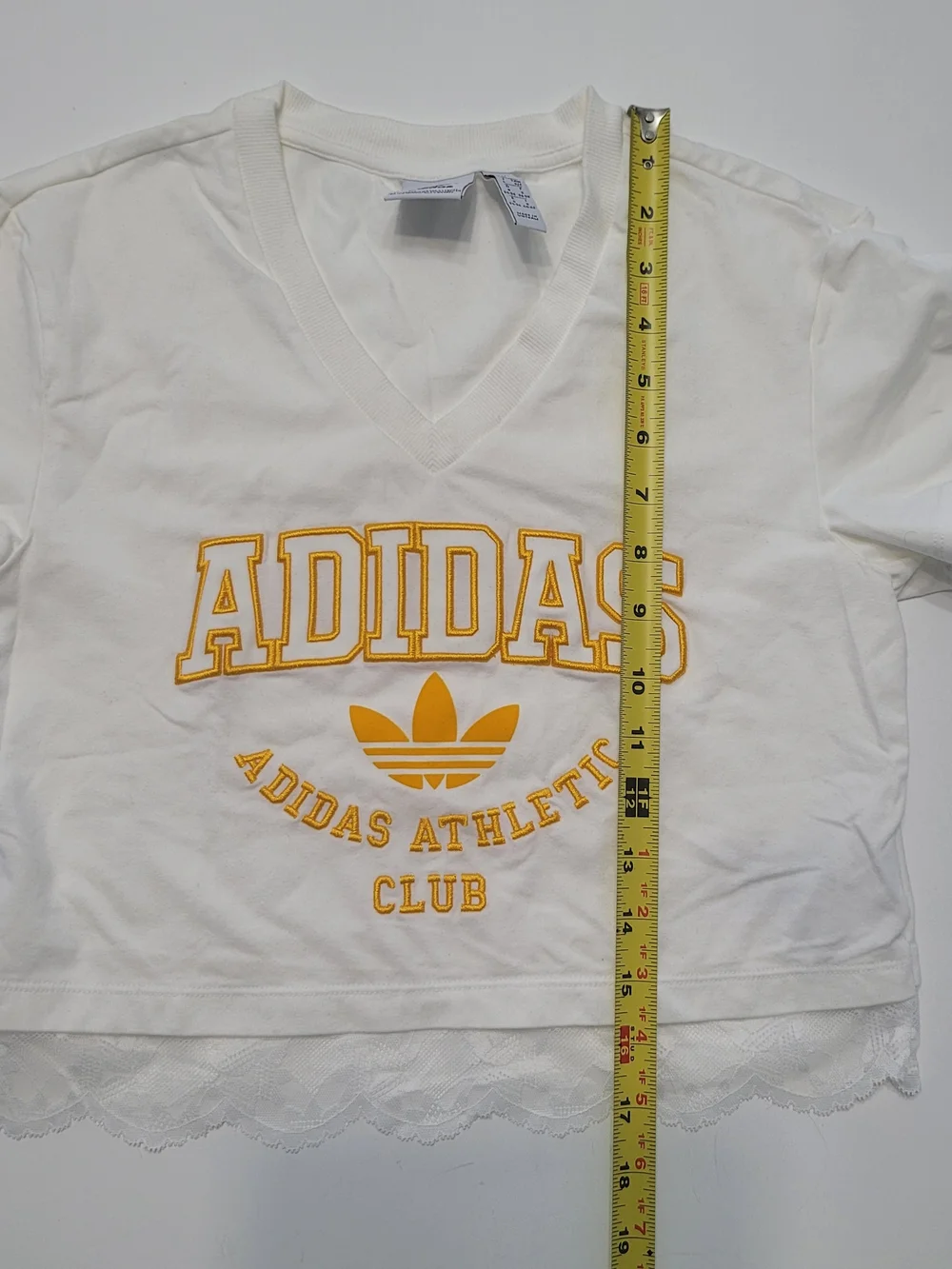 adidas White & Yellow Lace Hem Women V-Neck Logo Tee Size S - Picture 12 of 16